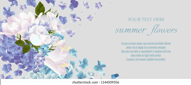 Template for greeting cards, wedding decorations, invitation,sales. Vector banner with Luxurious white roses and hydrangea flowers. Spring or summer design.