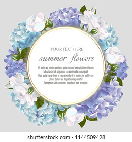 Template for greeting cards, wedding decorations, invitation, sales. Round Vector banner with Luxurious white roses and hydrangea flowers. Spring or summer design.