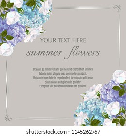 Template for greeting cards, wedding decorations, invitation,sales. Vector banner with Luxurious white roses and hydrangea flowers. Spring or summer design.