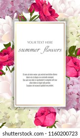 Template for greeting cards, wedding decorations, invitation, sales. Vector banner with Luxurious roses, tulip and hydrangea flowers. Spring or summer design. Space for text.