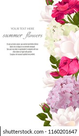 Template for greeting cards, wedding decorations, invitation, sales. Vector banner with Luxurious roses, tulip and hydrangea flowers. Spring or summer design. Space for text.