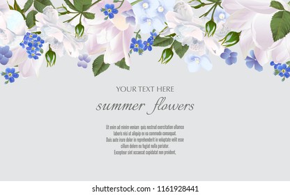 Template for greeting cards, wedding decorations, invitation,sales. Vector banner with Luxurious summer flowers. Spring or summer design. Space for text.