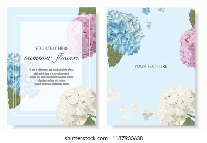 Template for greeting cards, wedding decorations, invitation,sales. Vector banner with hydrangea flowers. Spring or summer design. Space for text.