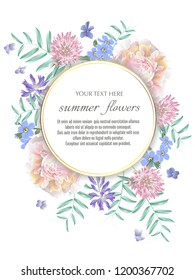 Template for greeting cards, wedding decorations, invitation,sales. Vector round banner with Luxurious summer wild flowers. Spring or summer design. Space for text.