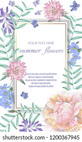 Template for greeting cards, wedding decorations, invitation,sales. Vector banner with Luxurious summer wild flowers. Spring or summer design. Space for text.