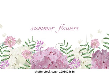 Template for greeting cards, wedding decorations, invitation,sales. Vector horizontal banner with Luxurious summer wild flowers and hydrangea. Spring or summer design. Space for text.