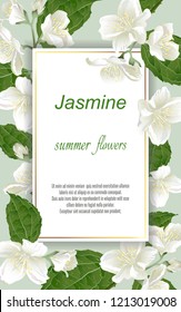 Template for greeting cards, wedding decorations, invitation, sales, packaging. Vector banner with Luxurious jasmine flowers. Spring or summer design. Space for text. Vintage style.