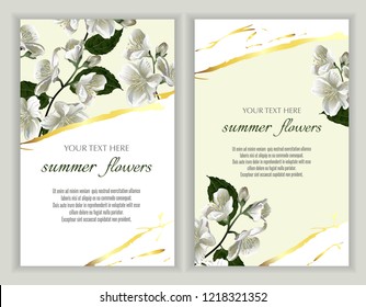 Template for greeting cards, wedding decorations, invitation, sales, packaging, cosmetics, perfume. Set of Vector banner with Luxurious jasmine flowers with golden line. Space for text.