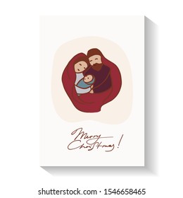Template of greeting Christmas card,  with newborn Jesus, Mary and Josef illustration and hand drawn lettering, flat style. Colorful painting. Christian Christmas concept.