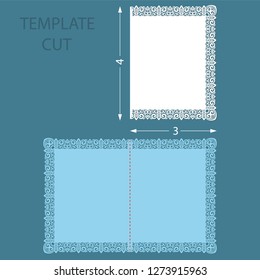 Template greeting congratulatory card with a decorative border on the edge. Wedding invitation laser cut. Cut out of paper card with lace edge with an aspect ratio of 3 and 4. Vector.