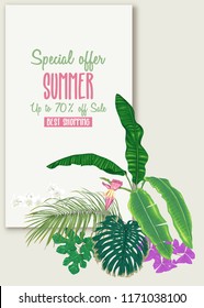 Template for greeting card,  invitation or banner  with tropical plants, palm leaves, monsters and orchids. Colored vector illustration.
