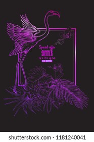 Template for greeting card,  invitation or banner  with tropical plants, palm leaves, monsters and orchids with flamingo. Outline hand drawing vector illustration. in neon, fluorescent colors
