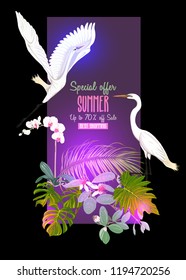 Template for greeting card,  invitation or banner  with tropical plants, palm leaves, monsters and orchids with white heron. Colored vector illustration. in neon, fluorescent colors
