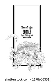 Template for greeting card,  invitation or banner  with tropical plants, palm leaves, monsters and orchids.  Graphic drawing, engraving style. vector illustration.
