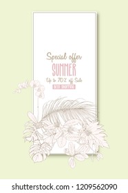 Template for greeting card,  invitation or banner  with tropical plants, palm leaves, monsters and orchids. Outline hand drawing vector illustration.
