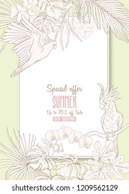 Template for greeting card,  invitation or banner  with tropical plants, palm leaves, monsters and orchids with cockatoo parrot. Outline hand drawing vector illustration.
