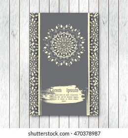Template of greeting, invitation card, brochure  with hand drawn mandala. Vintage oriental style with grunge effect. Indian, asian, arabic, islamic, ottoman motif. Vector illustration. 