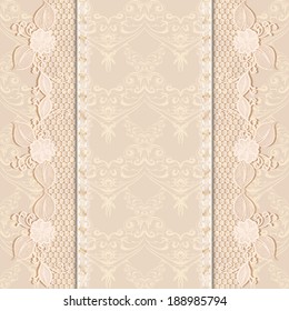 Template greeting or invitation card with delicate lace fabric. Light background. Vector illustration.