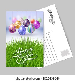 Template Greeting Postcard with Hanging Easter Eggs with Different Ornaments. Easter Background