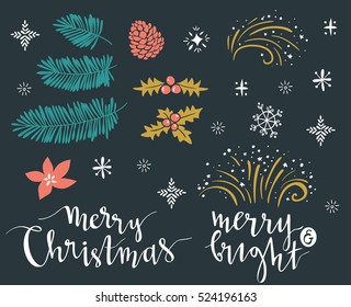Template for Greeting Scrap booking, Congratulations, Invitations, stickers. Vector illustration with lettering 'merry christmas' , 'merry and bright' and isolated christmas branches.