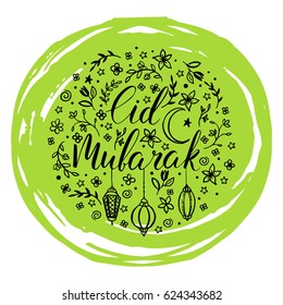 Template greeting vector card with handwritten calligraphy inscription Eid Mubarak. Ramadan Kareem green background. Brush lettering, modern calligraphy. Hand drawn doodles: flowers, moon and lanterns