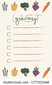 Template of grocery list with different vegetables on background with lettering. 