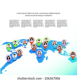 Template of a group of business and office people on the world map. Vector illustration.