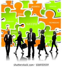 Template of a group of business and office people with puzzle pieces.Vector illustration