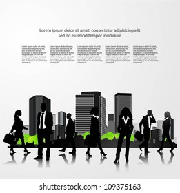 Template of a group of business and office people with city landscape. Vector illustration.