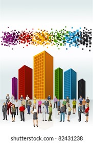 Template of a group of business and office people with colorful city landscape