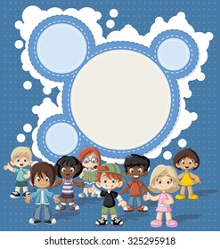 Template with a group of happy cartoon children