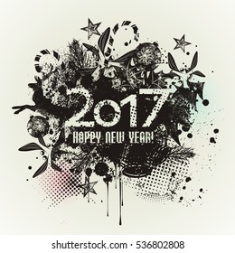 Template grunge Happy new year 2017 Design with  ink splashes. Grunge banner with an inky dribble strip and copy space.