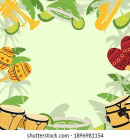 Template with guitar, cuban tres and conga drums, maracas, guiro, palm leaves and hibiscus flowers. Design for card, flyer, invitation or banner. with space for text.