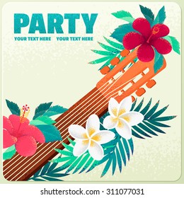 Template With Guitar Fretboard, Plumeria, Hibiscus Flowers And Palm Leaves. Concept For Beach Party, Open Air Festival, Hippie Concert. Poster, Invitation, Card. Place For Your Text