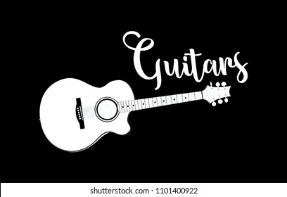Template of Guitar Shop Logo. Vector emblem of white guitar with caption isolated on black background. Illustration for decoration guitar stores and music clubs.