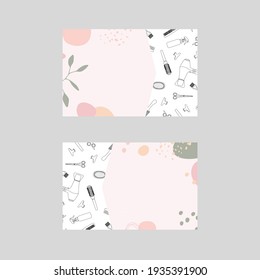 Template for a hairdressers business card. Background with hair salon accessories and tools and abstract shapes.