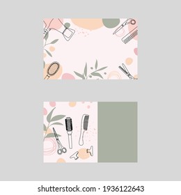 Template for a hairdressers business card. Background with hair salon accessories and tools and abstract shapes. Vector with editable stroke.