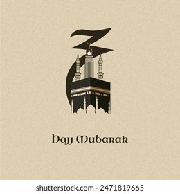 Template hajj mubarak, Arabic style Kaba and tower with a background in Arabic with a simple paper cut style