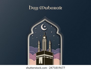 Template hajj mubarak, Arabic style Kaba and tower with a background in Arabic with a simple paper cut style on a blue background