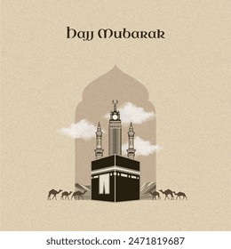 Template hajj mubarak, Arabic style Kaba and tower with a background in Arabic with a simple paper cut style