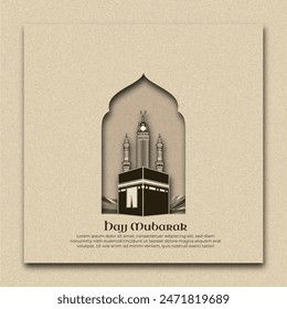 Template hajj mubarak, Arabic style Kaba and tower with a background in Arabic with a simple paper cut style