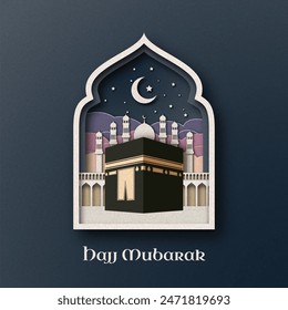 Template hajj mubarak, Arabic style Kaba and tower with a background in Arabic with a simple paper cut style on a blue background