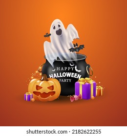 A template for a Halloween banner with 3d pumpkins, sweets, a ghost, bats flying out of a witch's pot. on an orange background.