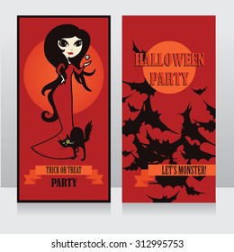 Template for Halloween cards with cute doodle witch, vector illustration