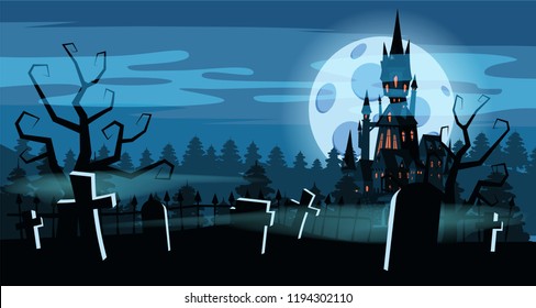 Template Halloween holiday graveyard, black abandoned castle, gloomy autumn forest, panorama, moon, crosses and tombstones. Vector, isolated, invitation card, poster, banner, cartoon style.