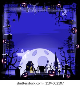 Template Halloween holiday pumpkin, cemetery, black abandoned castle, attributes of the holiday of All Saints, ghost, spider, black cat, a witch on a broomstick, a gloomy autumn forest, panorama, the