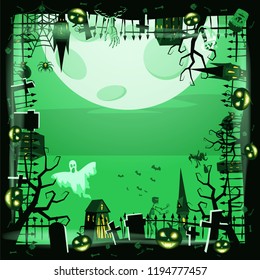 Template Halloween holiday pumpkin, cemetery, black abandoned castle, attributes of the holiday of All Saints, ghost, spider, black cat, a witch on a broomstick, a gloomy autumn forest, panorama, the