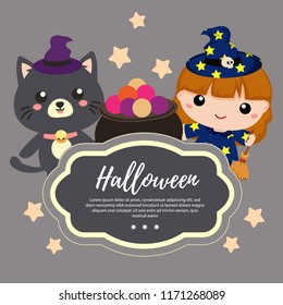 template halloween with lovable cat and witch