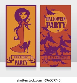 template for halloween party invitation with cute doodle witch and her black cat, vector illustration
