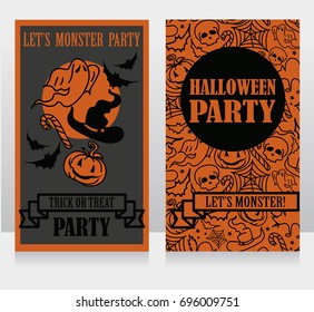 template for halloween party invitations with cartoon traditional halloween stuff: ghost, pumpkin and magic hat, vector illustration